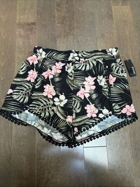Ardene Black Tropical Floral High-Waist Shorts with Pom Trim NWT